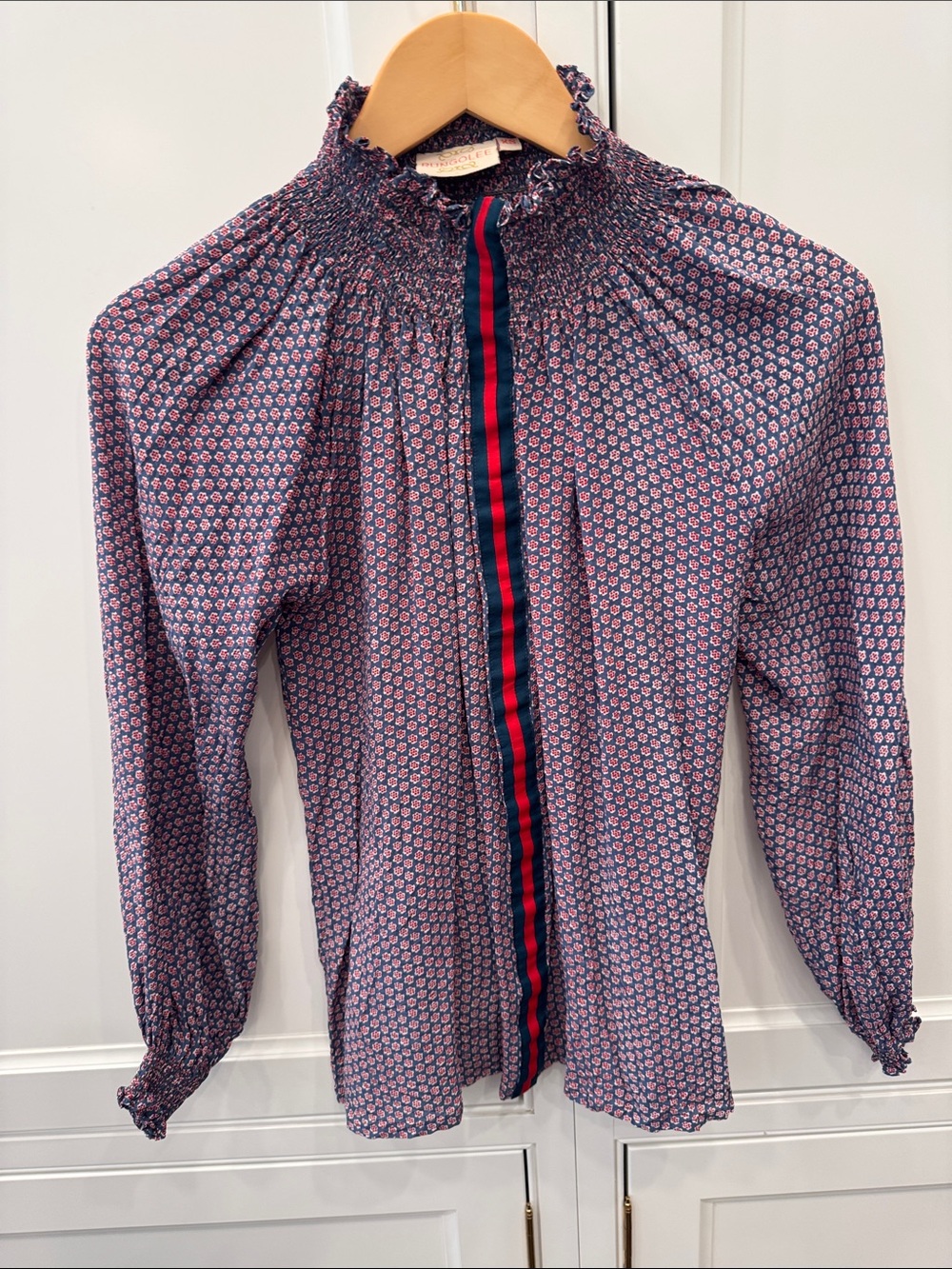 Ruffled Smocked-Neck Floral Blouse in Navy and Pink